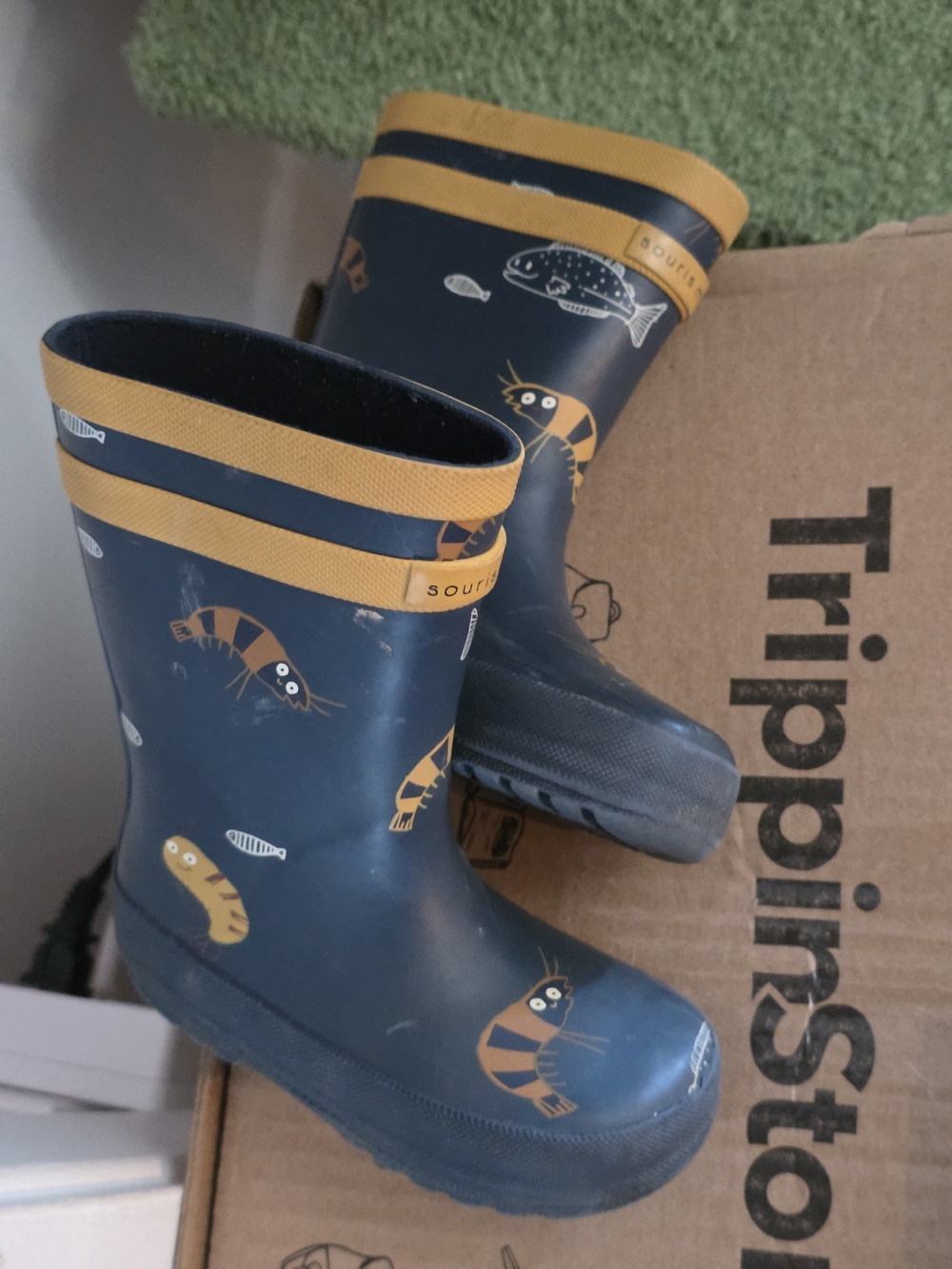 Kids Souris Mini Navy and Mustard Rain Boots with Shrimp Print Gr.24 Bebe